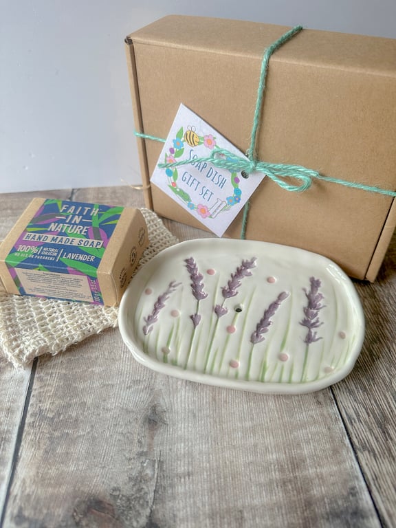 Handmade lavender porcelain soap dish gift set. 