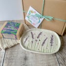 Handmade lavender porcelain soap dish gift set. 