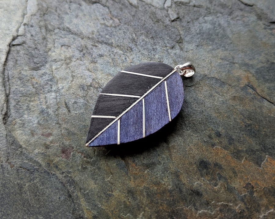 Carved Purple Wood leaf Pendant, oak and silver