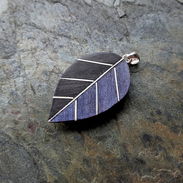 Carved Purple Wood leaf Pendant, oak and silver