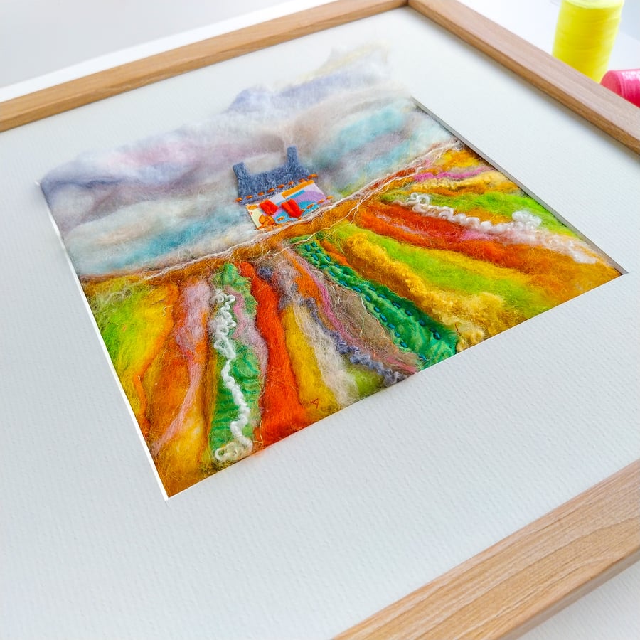 Original Felted Textile & Stitch Landscape across the fields to home