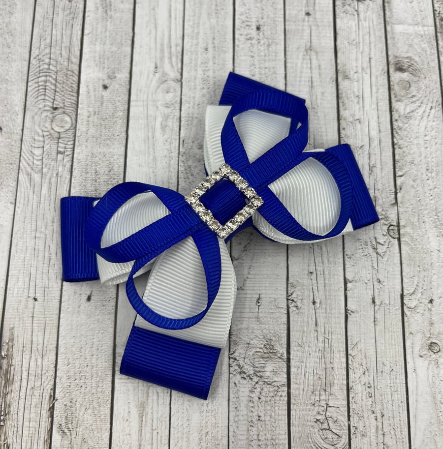 Cobalt Blue and White Double Layer Bow with Cobalt Blue Loops on Clip