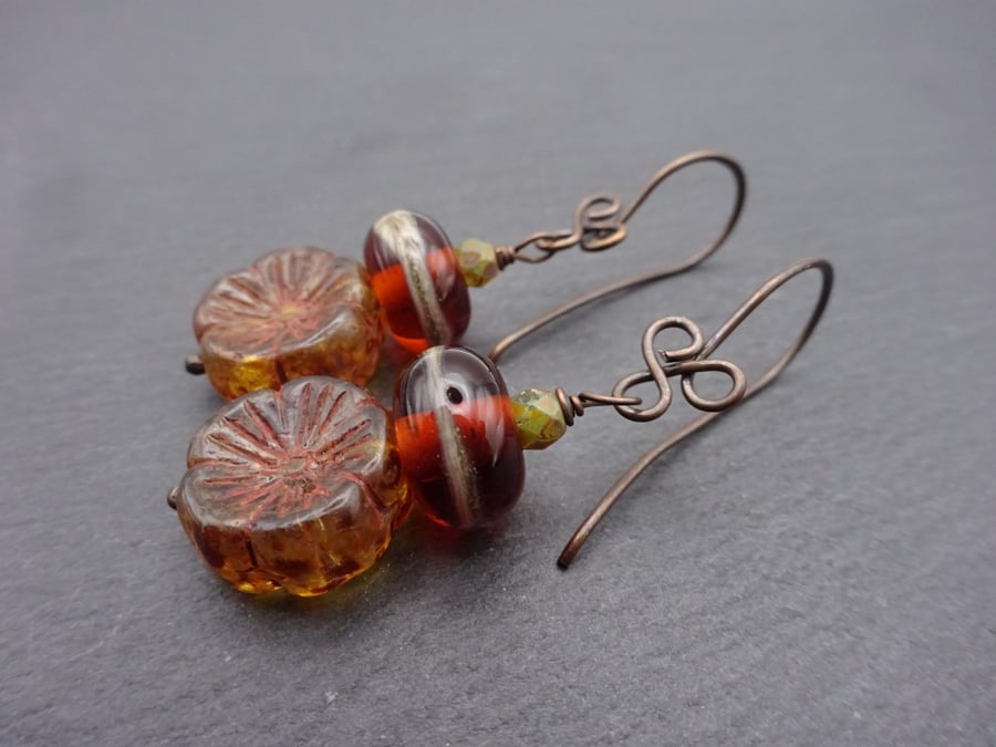 copper, amber lampwork glass flower earrings