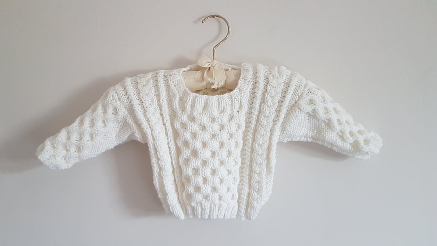 Hand Knitted White Aran Baby Jumper age 6-12 months