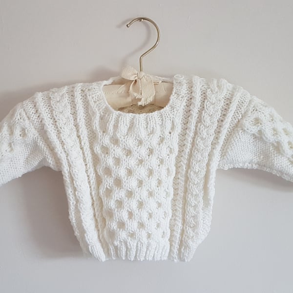 Hand Knitted White Aran Baby Jumper age 6-12 months