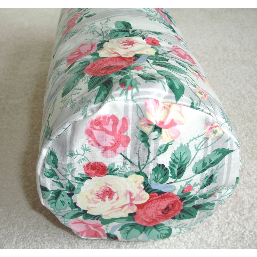 Vintage Roses Fabric Bolster Cushion Cover 16"x6" Round Rose Yellow Pink