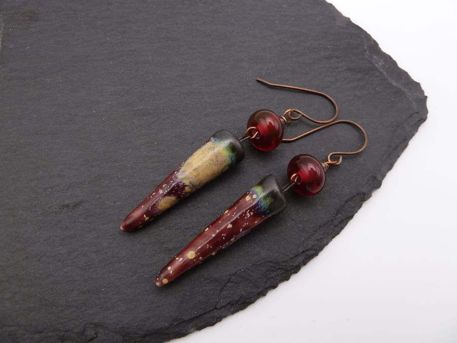 copper earrings, red lampwork glass and ceramic jewellery