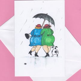 Card. Together under the umbrella. Dog, friends, happy