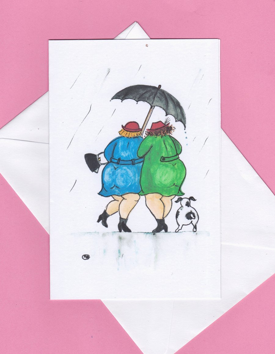 Card. Together under the umbrella. Dog, friends, happy