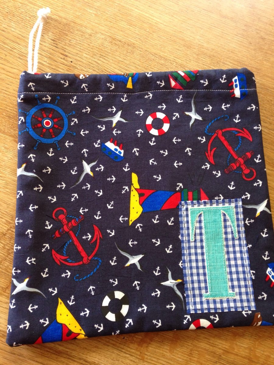 Child's nautical seaside wash bag with personalised initial -letter T