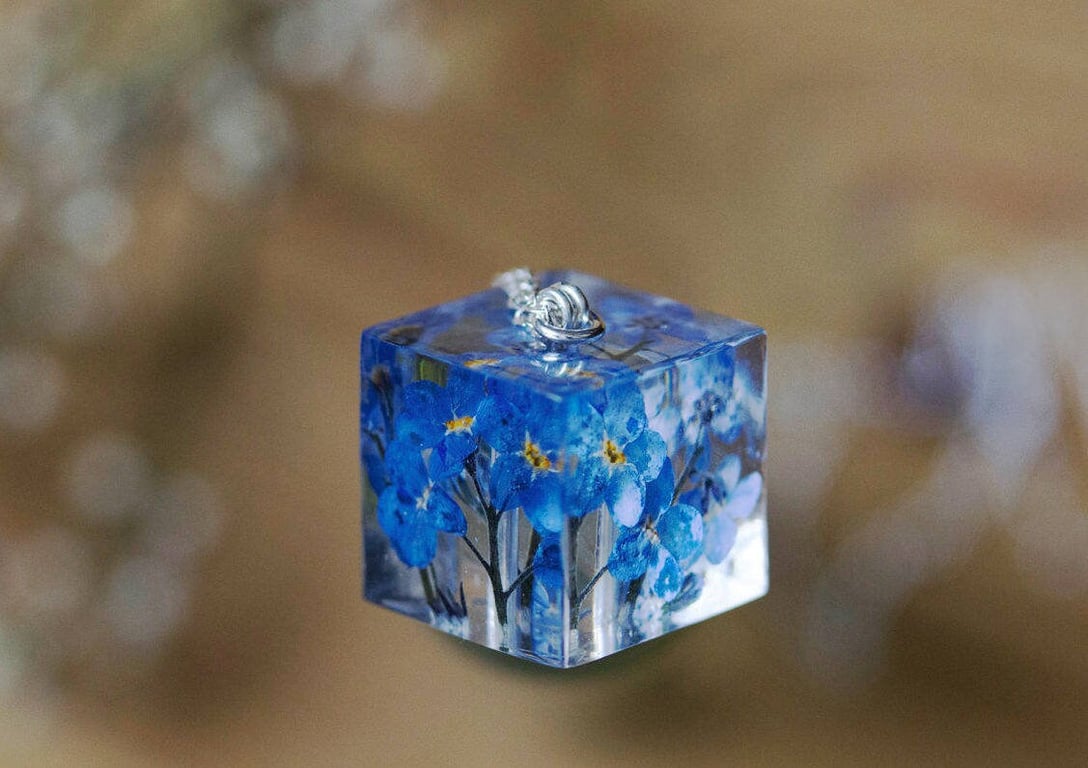 Forget Me Nots Cube Necklace Geometric Necklace Something Blue Botanical Necklac