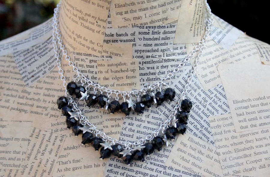 Silver Star Black Bead Double Chain Necklace