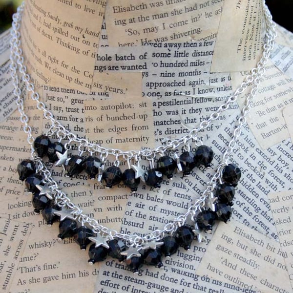 Silver Star Black Bead Double Chain Necklace