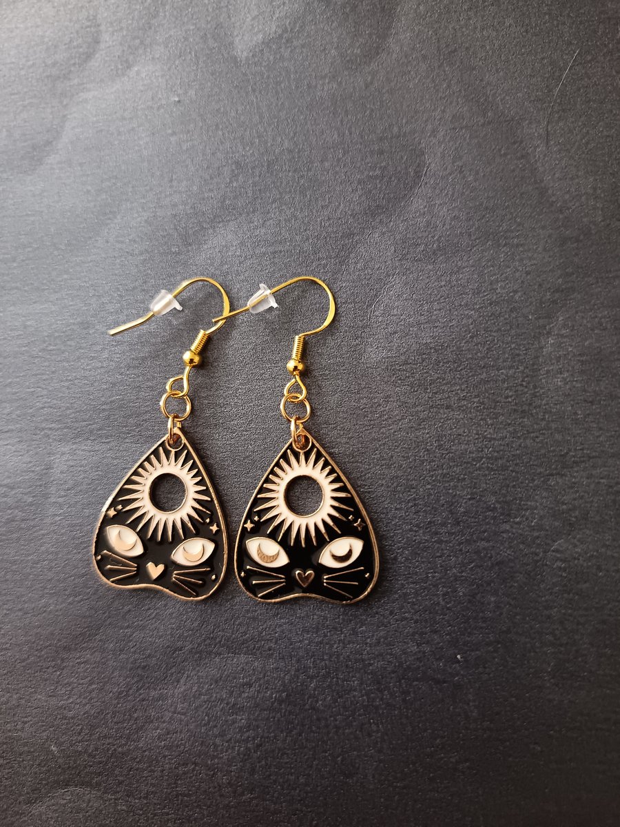 Gold, white and black cat face planchette charm dangle earrings 