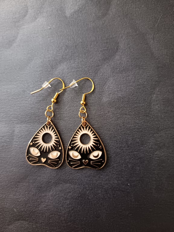 Gold, white and black cat face planchette charm dangle earrings 