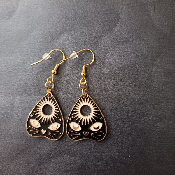 Gold, white and black cat face planchette charm dangle earrings 