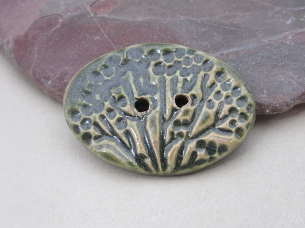 Large Forest Green Oval Seedhead Handmade Ceramic Button