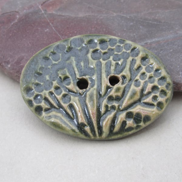 Large Forest Green Oval Seedhead Handmade Ceramic Button