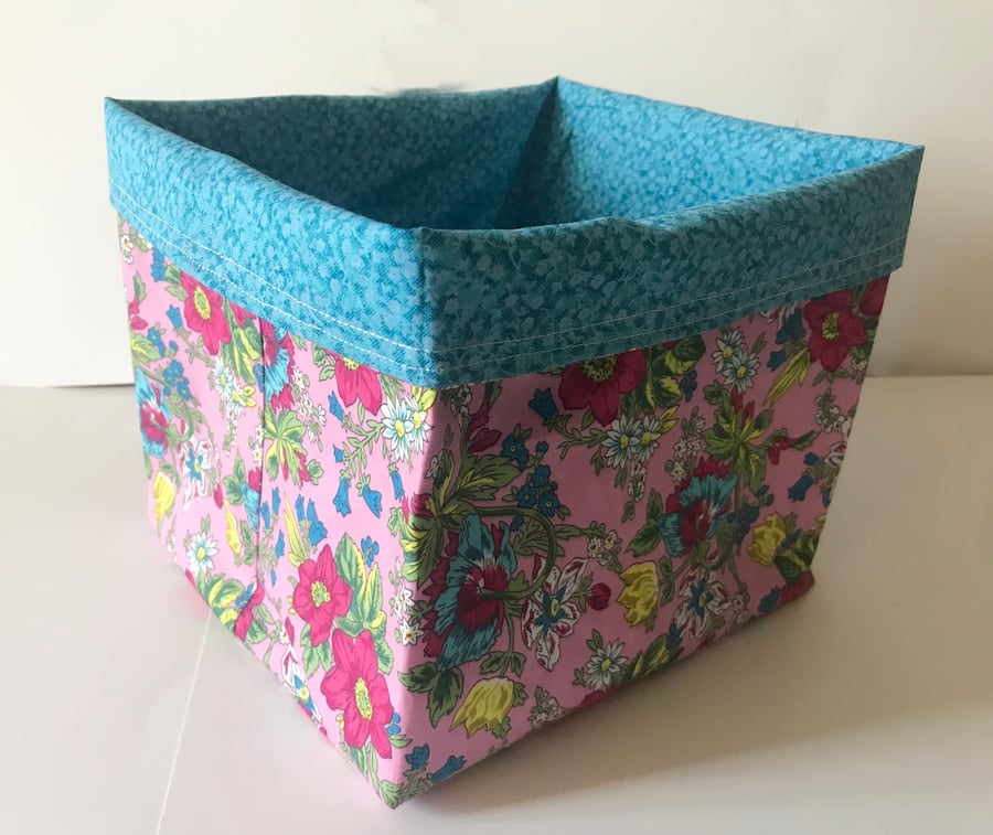 Fabric Storage Box Blue and Pink Floral Cotton Reusable Storage Caddy