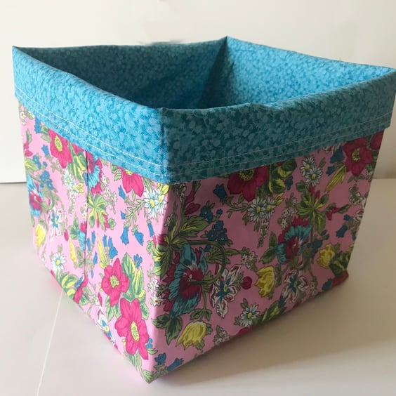 Fabric Storage Box Blue and Pink Floral Cotton Reusable Storage Caddy
