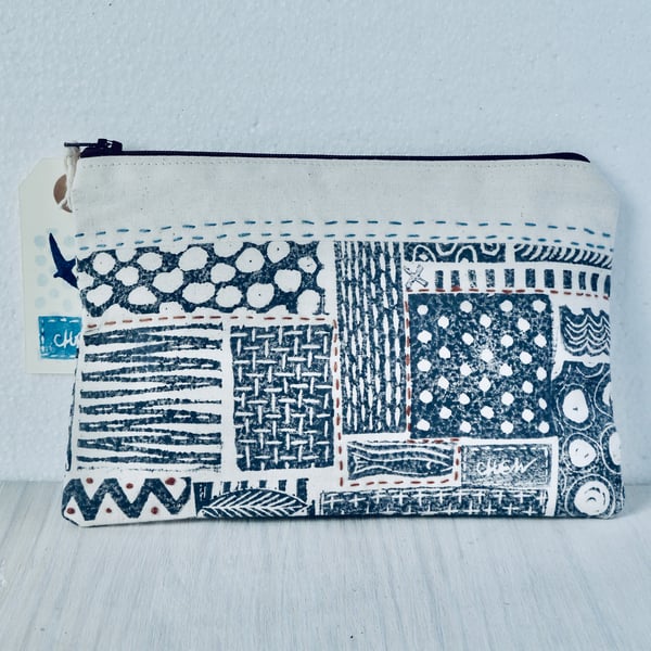 A unique hand printed pouch with hand embroidery made by Linda in Hampshire