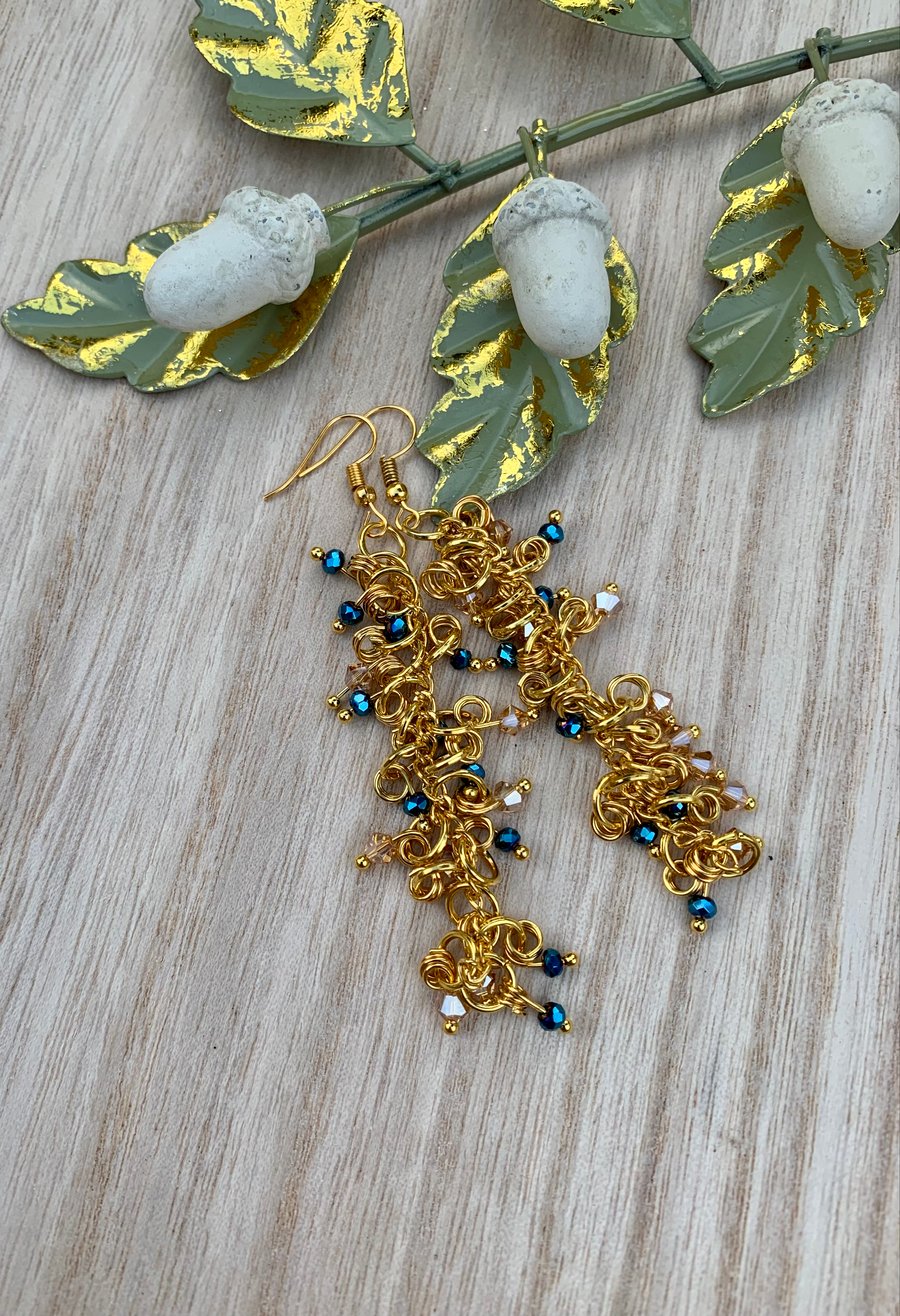 Gold & Crystal Dangle Cluster Tassel Earrings