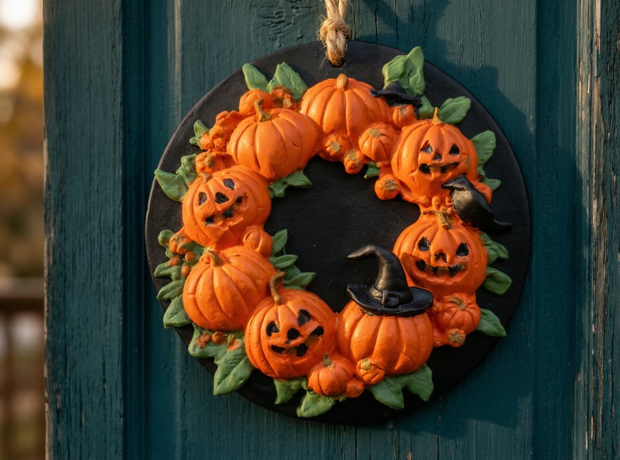 Handmade Halloween Pumpkin Wreath – Spooky Jack-o'-lantern & Crow Design