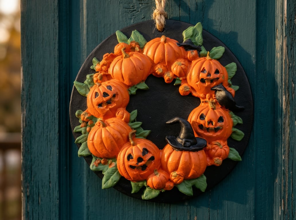 Handmade Halloween Pumpkin Wreath – Spooky Jack-o'-lantern & Crow Design