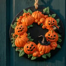 Handmade Halloween Pumpkin Wreath – Spooky Jack-o'-lantern & Crow Design