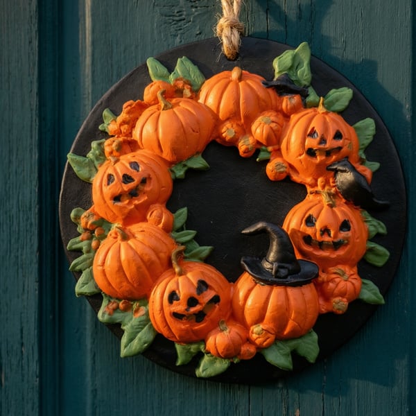 Handmade Halloween Pumpkin Wreath – Spooky Jack-o'-lantern & Crow Design