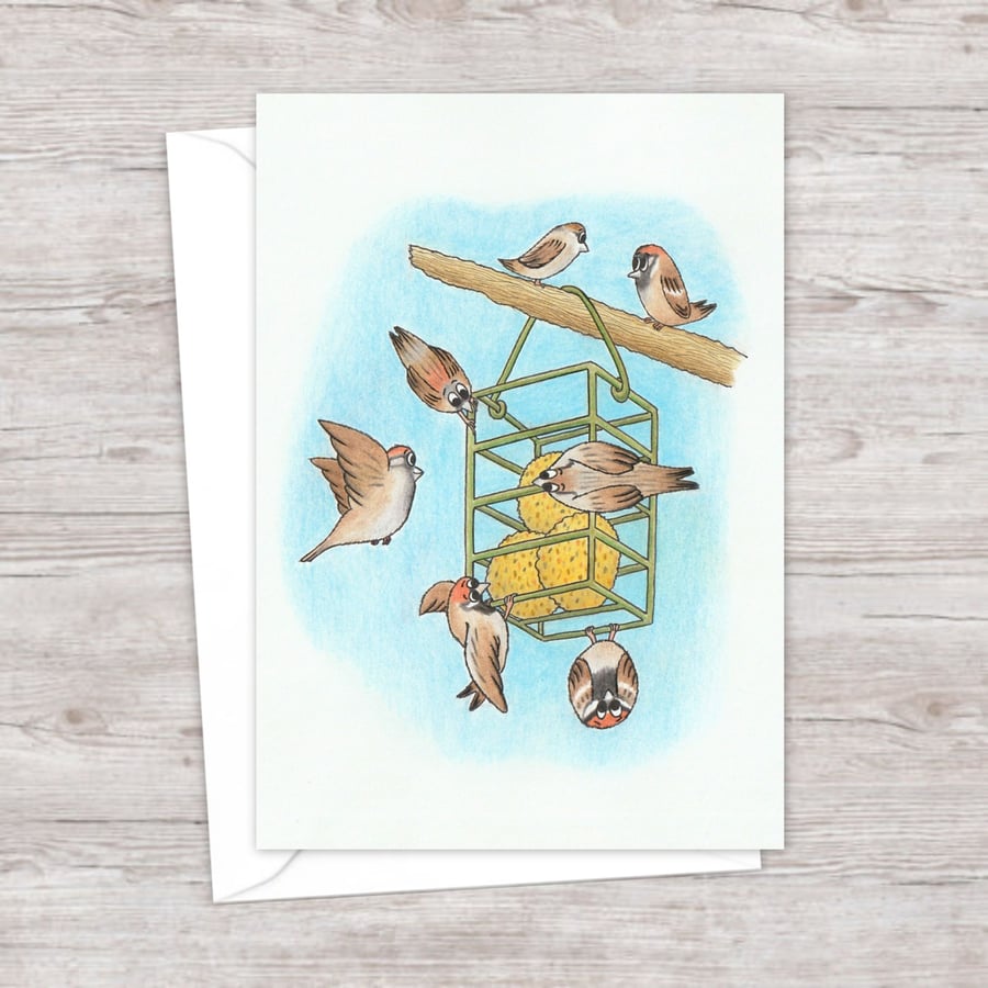 Garden Sparrows Greeting Card: Original Pencil Illustration (208)