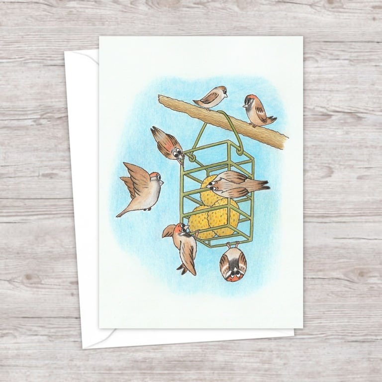 Garden Sparrows Greeting Card: Original Pencil Illustration (208)