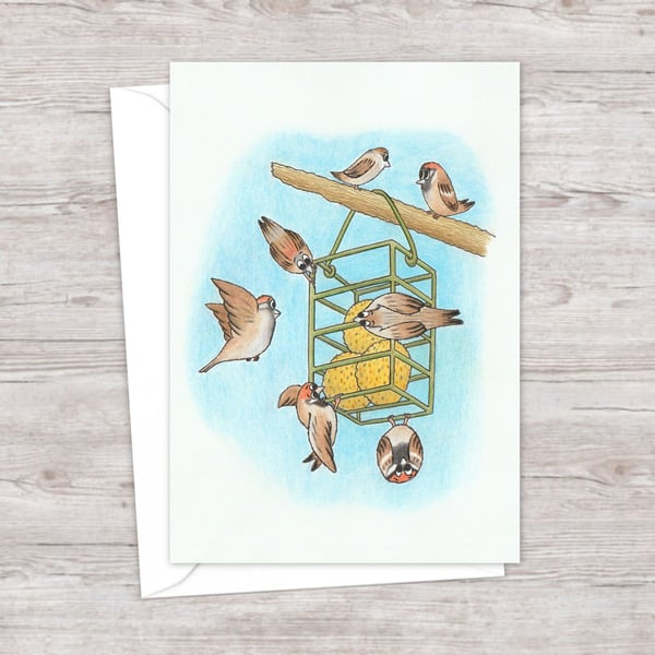 Garden Sparrows Greeting Card: Original Pencil Illustration (208)