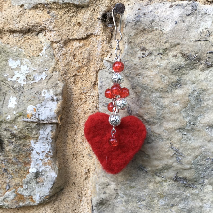 Needle felted heart bag charm, keyring, hanging decoration, beaded bag charm