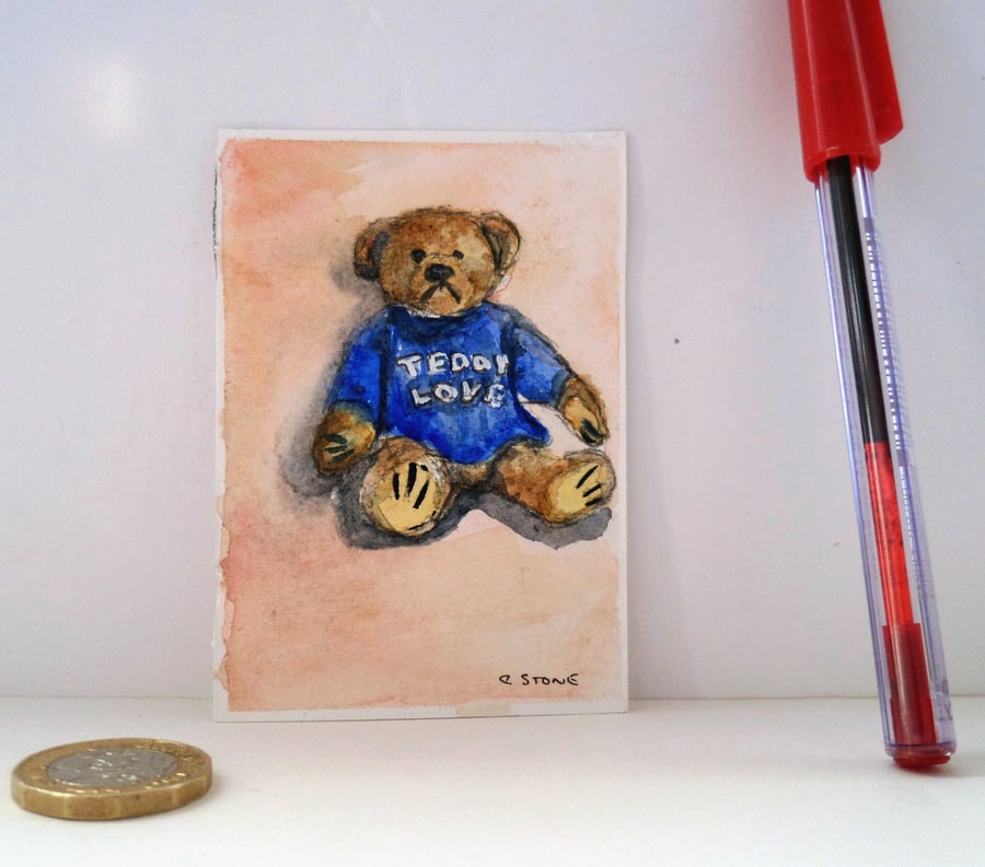 ACEO original miniature watercolour painting of teddy bear in blue jumper