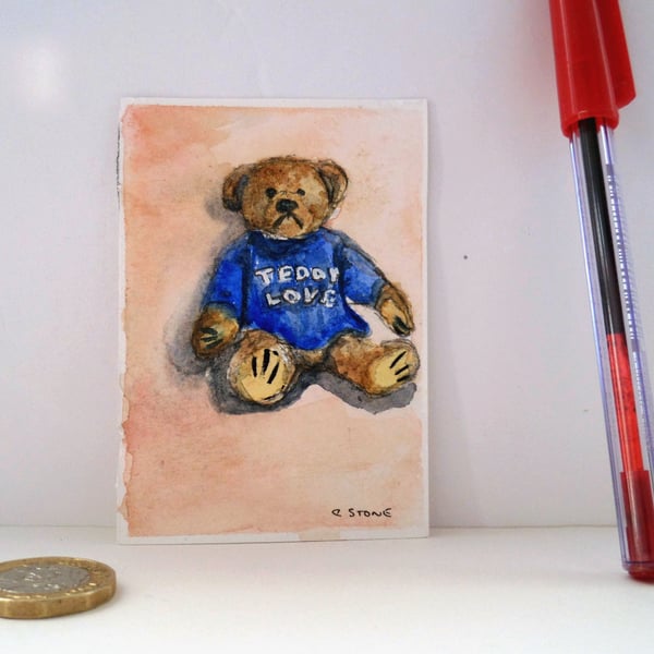 ACEO original miniature watercolour painting of teddy bear in blue jumper