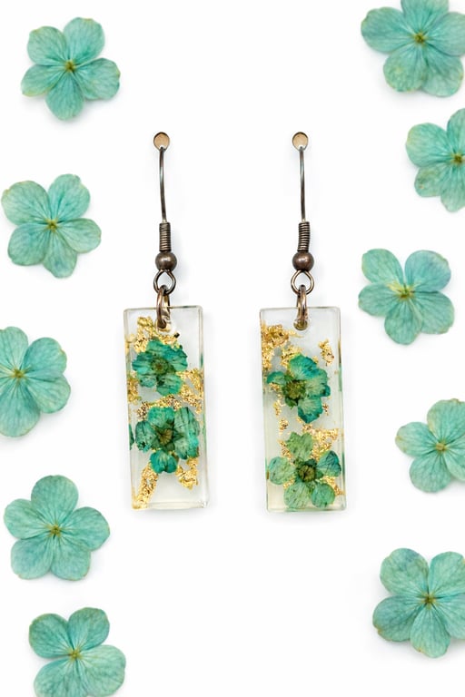 Small Blue Flower Rectangle Resin Dangle Earrings with Gold Leaf – Pastel