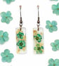 Small Blue Flower Rectangle Resin Dangle Earrings with Gold Leaf – Pastel