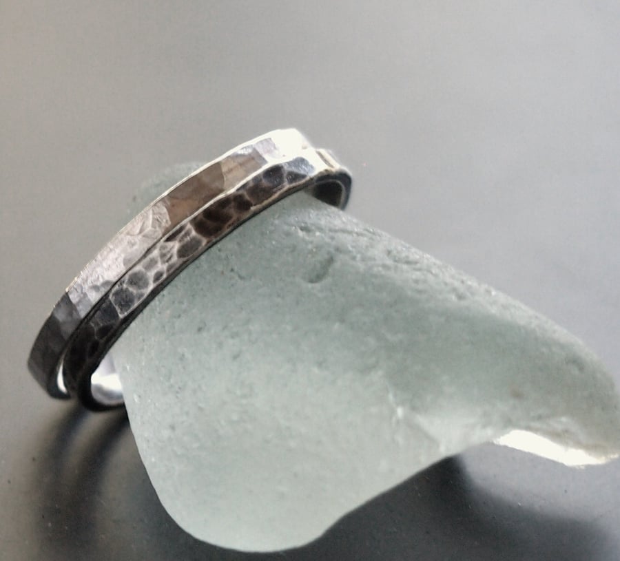 Two Hammered Silver Rings - Oxidised and Bright