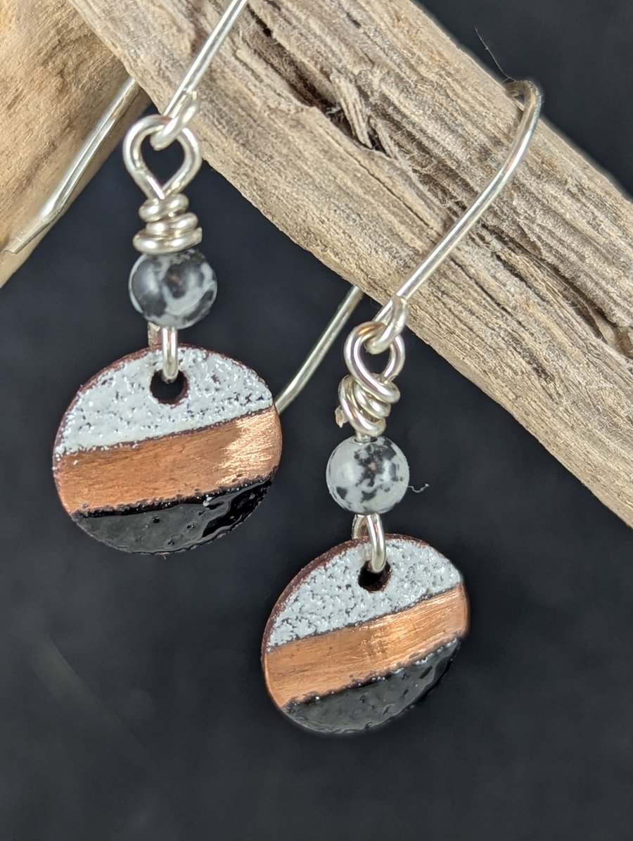 Black, white and copper striped earrings