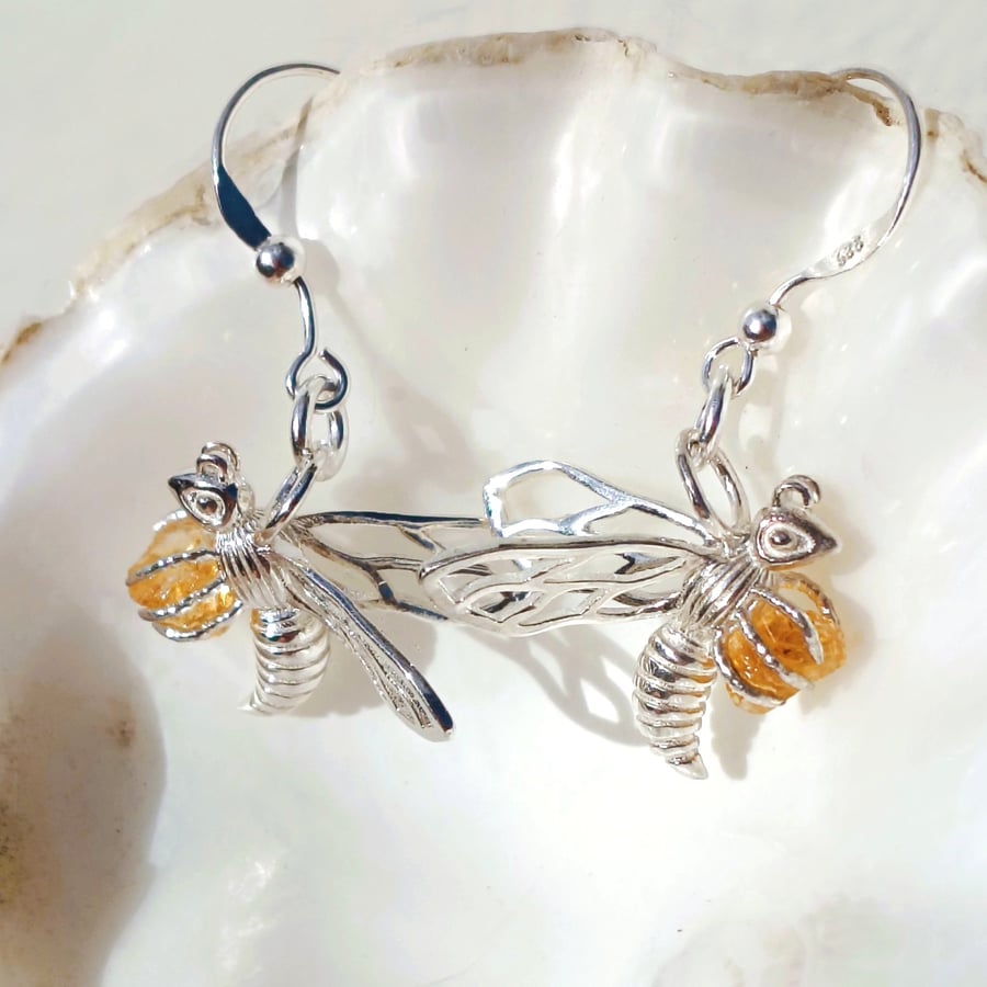 Realistic 3D Sterling Silver & Citrine Bee Earrings