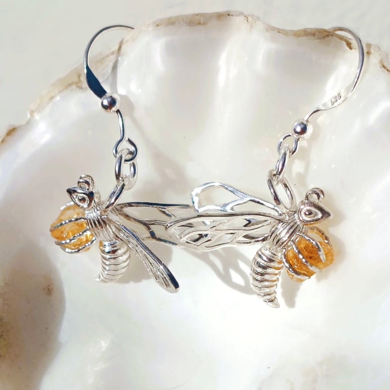 Realistic 3D Sterling Silver & Citrine Bee Earrings