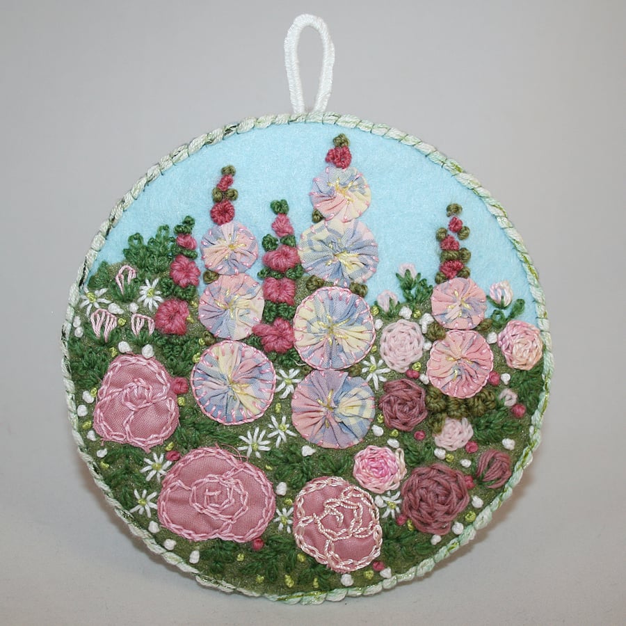 Roses and Hollyhocks Plaque - embroidered garden scene