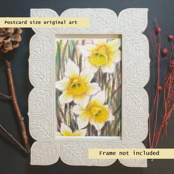 Yellow and white daffodils original drawing, small floral artwork, art