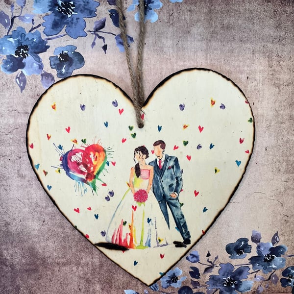 Hanging wooden pyrography heart, with print of bride and groom 