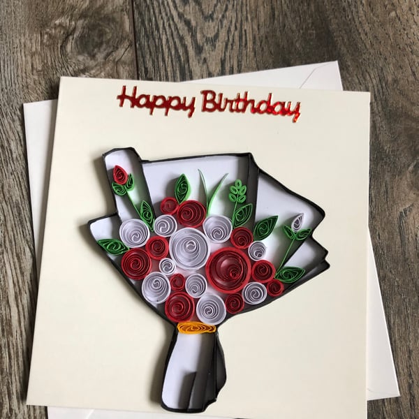 Stunning handmade quilled bouquet birthday card 