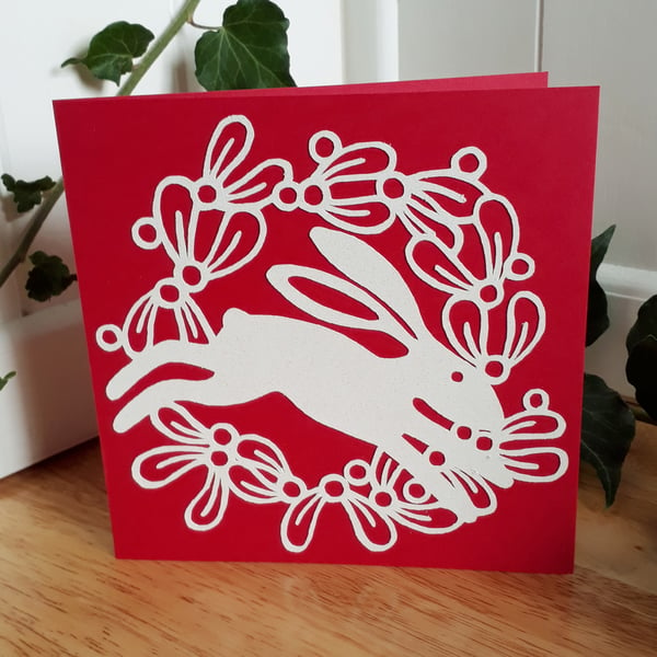 Paper cut hare & mistletoe Christmas cards (x4) - red
