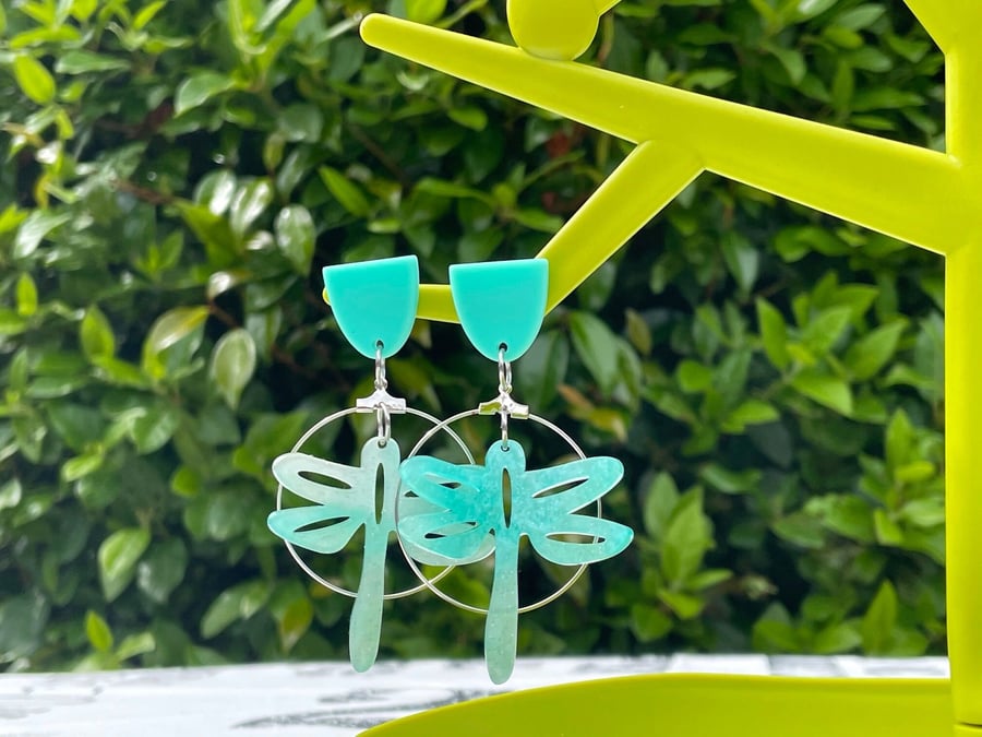 AQUAMARINE DRAGONFLY HOOPS earrings resin marbled blue art deco 