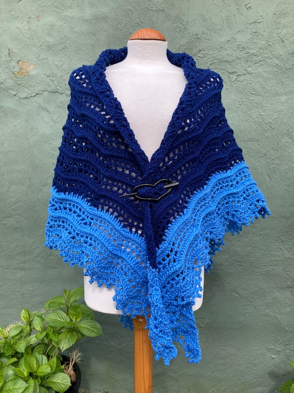 Handknitted Handmade Textured Lace Triangle Shawl Scarf Wrap in Blue Vegan Wool