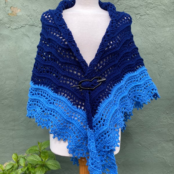 Handknitted Handmade Textured Lace Triangle Shawl Scarf Wrap in Blue Vegan Wool
